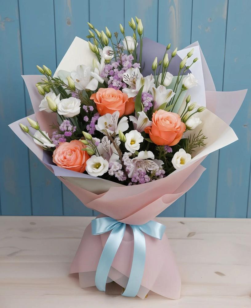 Букет цветов из: Лизиантусы, Розы, Альстромерии и Гипсофила в Челябинске